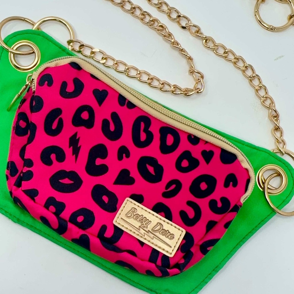 Betsy Dare Neon Pink Leopard Crossbody Purse Green Gold Chain Y2K Scene Melon